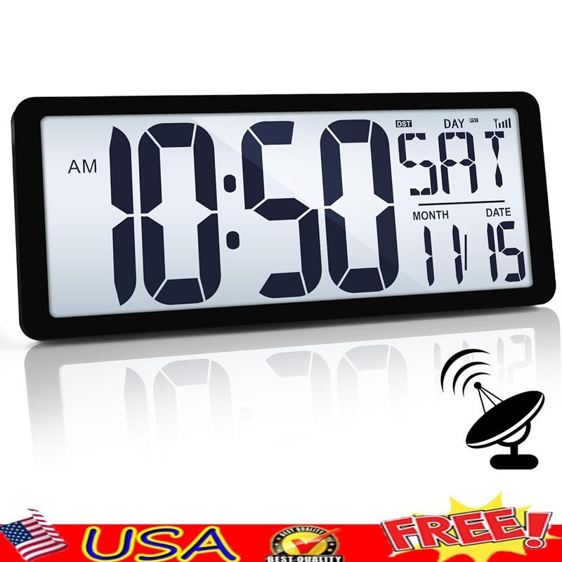 Atomic Digital Wall Clock Auto Set Battery Operated Large Backlight Temperature