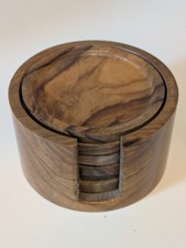 Vintage Wooden Coasters Set of 6 with Holder 9cm Round Teak Olive Wood Rustic