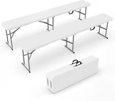 VINGLI 6feet Plastic Folding Bench,Picnic Party Camping Dining Seat,2 Pack,White