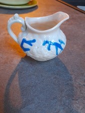 ANTIQUE PARIAN WARE RELIEF MOULDED & COBALT HAND DECORATED CREAM JUG 1890s