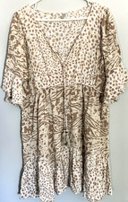 Versona Dress Womens XL Beige Tan Animal Print Boho Ruffle Hem V Neck Peasant