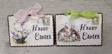 PairPrim Antique Vtg Style Happy Easter Egg Basket, Bunny Post Card Tin Signs
