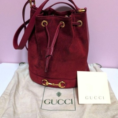 Old GUCCI Horsebit Bucket Shoulder Bag Crossbody Suede Red Vintage w/Dust Bag