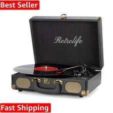 Vinyl Record Player 3-Speed Bluetooth Suitcase Portable Belt-Driven Record Pl...