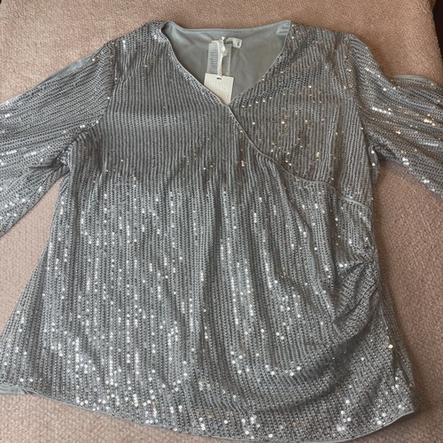 NEW GRACE KARIN Womens Silver Sequin Blouse V Neck Wrap 3/4 Bell Sleeve