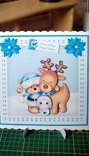 Biglietto natalizio fatto a mano decoupage orsacchiotto Babbo Natale e amici 8x8" con inserto