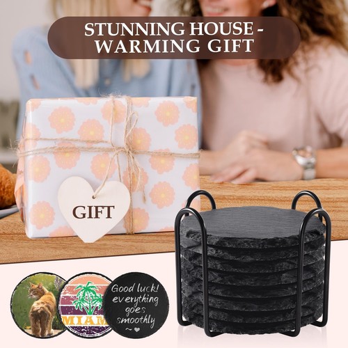 Set of 8 4 Inch Stone Slate Drink Coasters with Metal Holder Round - Bild 4 von 6