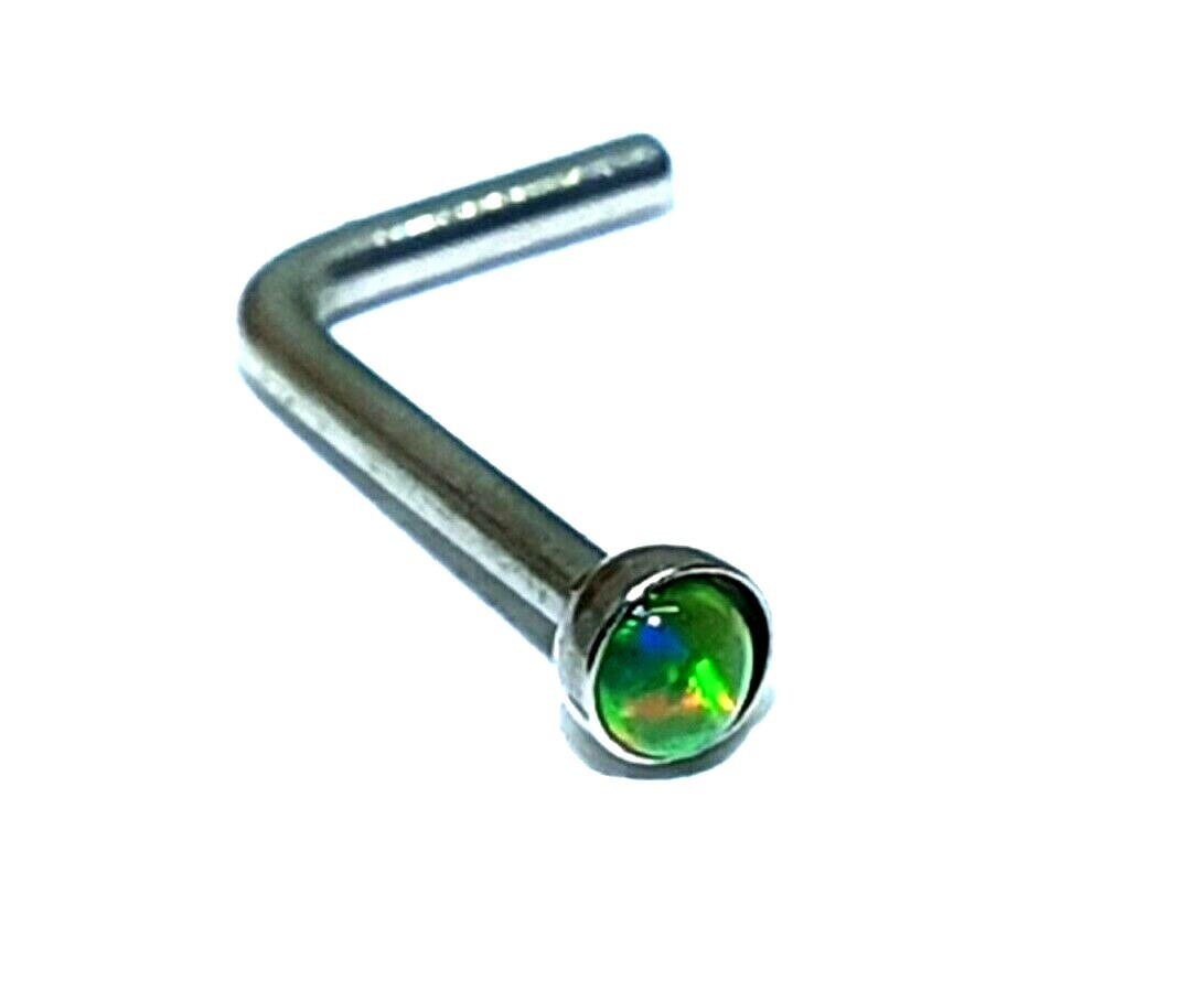 Nose Stud Opal Green 1.5mm Gemstone 20g (0.8mm) Surgical Steel L Bend Deep Cup