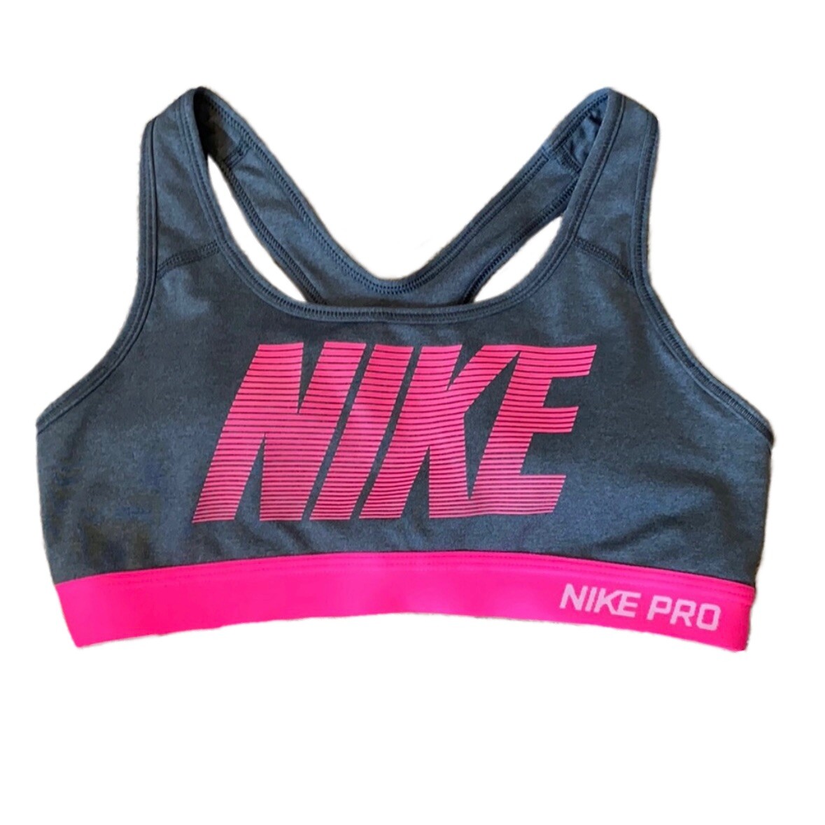 Nike Sports Bra Small Grey Dri-Fit Pink NIKE Logo Racerback Pullover-image