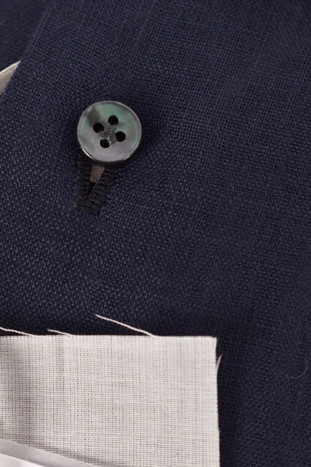 Camisa de lino hecha a mano Fralbo Napoli 43 17 moderna AJUSTE AZUL MARINO Solbiati -Loro Piana Foto 3 de 3