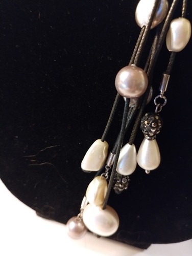 Chico's 28 inch multi-strand black leather cord, faux pearls with rhinestones. - Picture 2 of 5