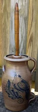 2001 Historical Rowe Pottery Works Salt Glaze Dbl Handled Butter Churn Rare Bird