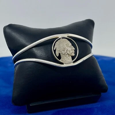Genuine Indian Head Buffalo Nickel - Custom Hand Cut Silver Cuff Bracelet W/ Box