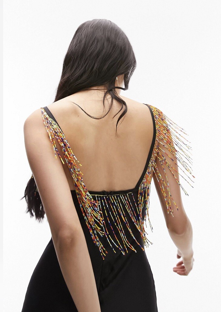 topshop beaded fringe dress Blush Pink & Silver Beaded Fringe Gown – Rene' Tyler Plus Sizes 12 & Above main image 1