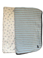 2 Ralph Lauren Baby Receiving Blankets Blue White Striped ABC RL Baby Blocks