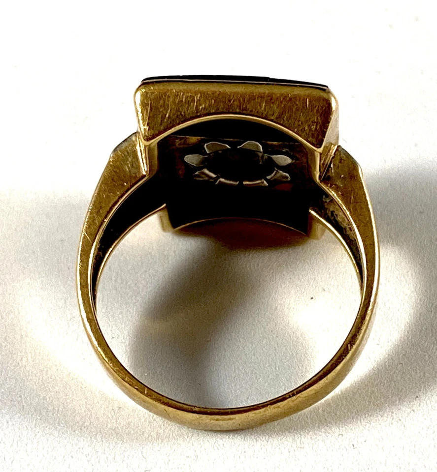 Sello de diamante vintage de oro amarillo de 10 quilates, ónix negro (0,75 quilates) para hombre RS: 11 euros corte Foto 3 de 4
