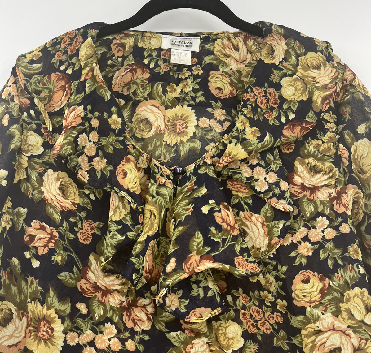 Vintage Sostanza Y2K Navy Floral Ruffled Popover Blouse Size Medium Flowy