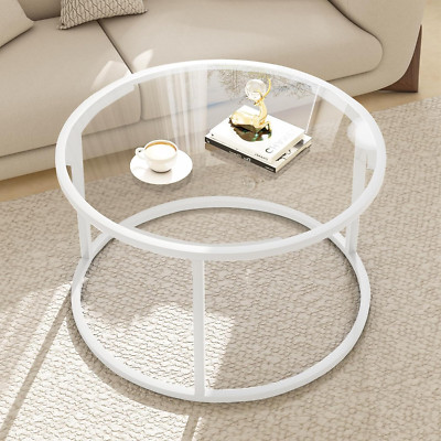 Modern Round Glass Coffee Table with Metal Frame for Small Spaces, 27'' White