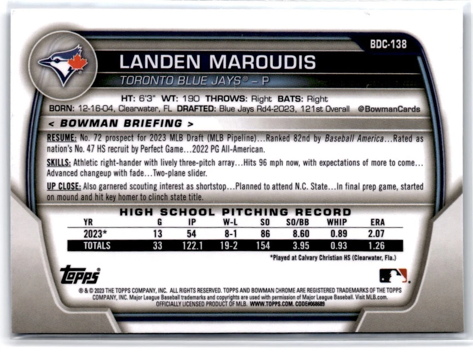 2023 Bowman Draft Sapphire 1st Bowman Landen Maroudis Toronto Blue Jays #BDC-138 - Image 2 of 2
