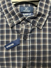 NWT George Poplin Button Down Shirt Blue, Gray  White Plaid Cotton Spandex Sz S