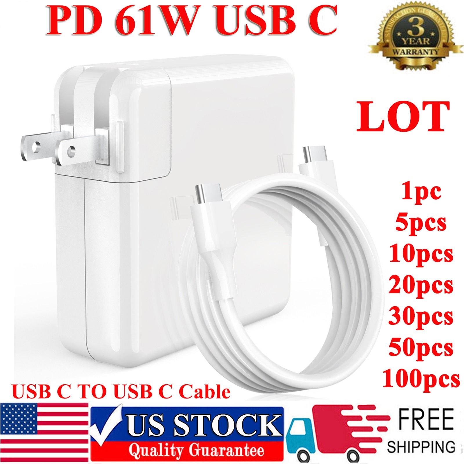 LOT 61W USB C AC Adapter Charger for Apple MacBook Pro 13" A1708 A1718 + Cable