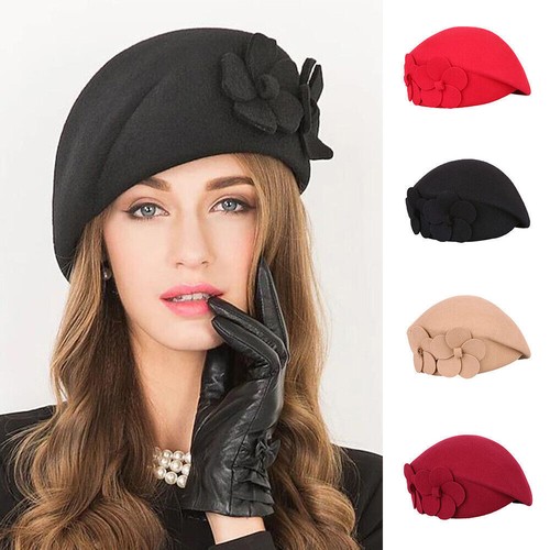 Damen Winter Warme Wollmütze Filz Hut Floral Baskenmütze Beanie Kopfbedeckung *