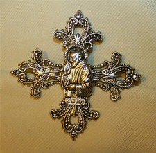 Lacy Filigree Silvertn Fleur-de-Lis Saint Padre Pio Cross Religious Brooch Pin
