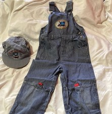 VTG Thomas  Friends Train Bib Overalls 5T Blue Denim Pinstripe With Kids Hat