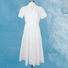 CYNTHIA ROWLEY White Eyelet Lace Tiered Midi Dress Small Short Sleeve Pockets