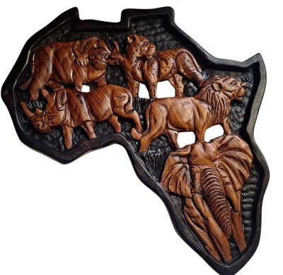 Hand-Carved Wooden African Map Wall Art with Wildlife Figures Sculpture Vtg