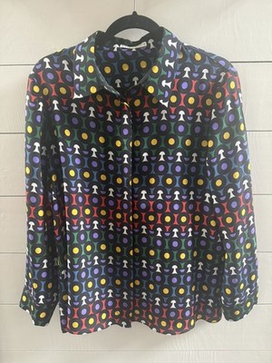 Alice + Olivia Willa Collar Silk Shirt Rainbow Geometric Woman s Large 100% Silk