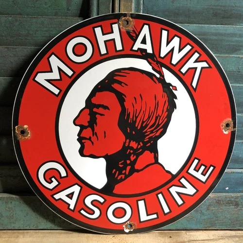 VINTAGE MOHAWK GASOLINE MOTOR OIL OILS PORCELAIN ENAMEL GAS PUMP SIGN