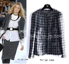CHANEL 06A Gray Black Houndstooth Wool Silk Tweed Collarless Jacket 38 40 US6 8