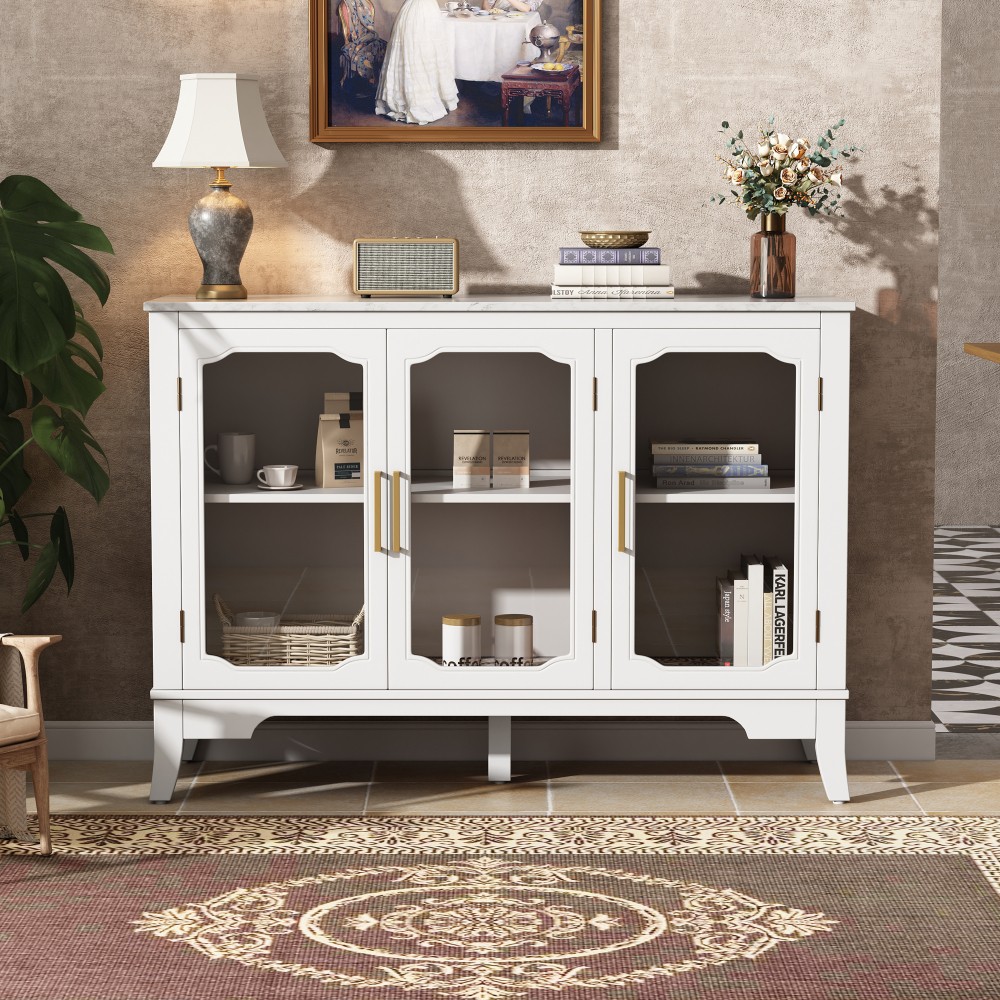 3 Door Entryway Storage Cabinet Pine Solid Wood MDF Glass Ad