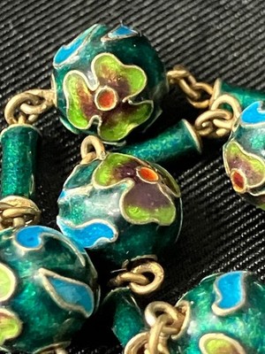 Vintage Champleve Bracelet Rich Green Floral Cloisonne Bead Chain Spring Clasp