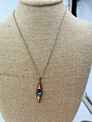 Native American Necklace Zuni Pendant Inlay Signed FA on 18 inch Chain LX