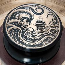 Vinyl record weight. The Kraken sea monster engraved aluminum turntable weight.