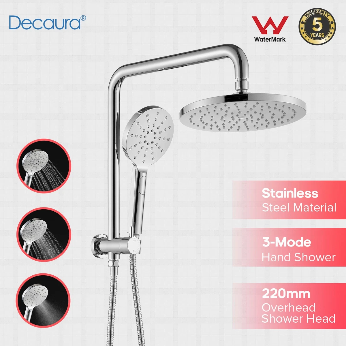Decaura 9'' Rain Shower Head Set with Hand Shower SUS Gooseneck Shower Rail WELS