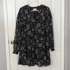 Urban Outfitters Ruffled Floral Tie-Neck Long Sleeve Black Mini Dress Size Med