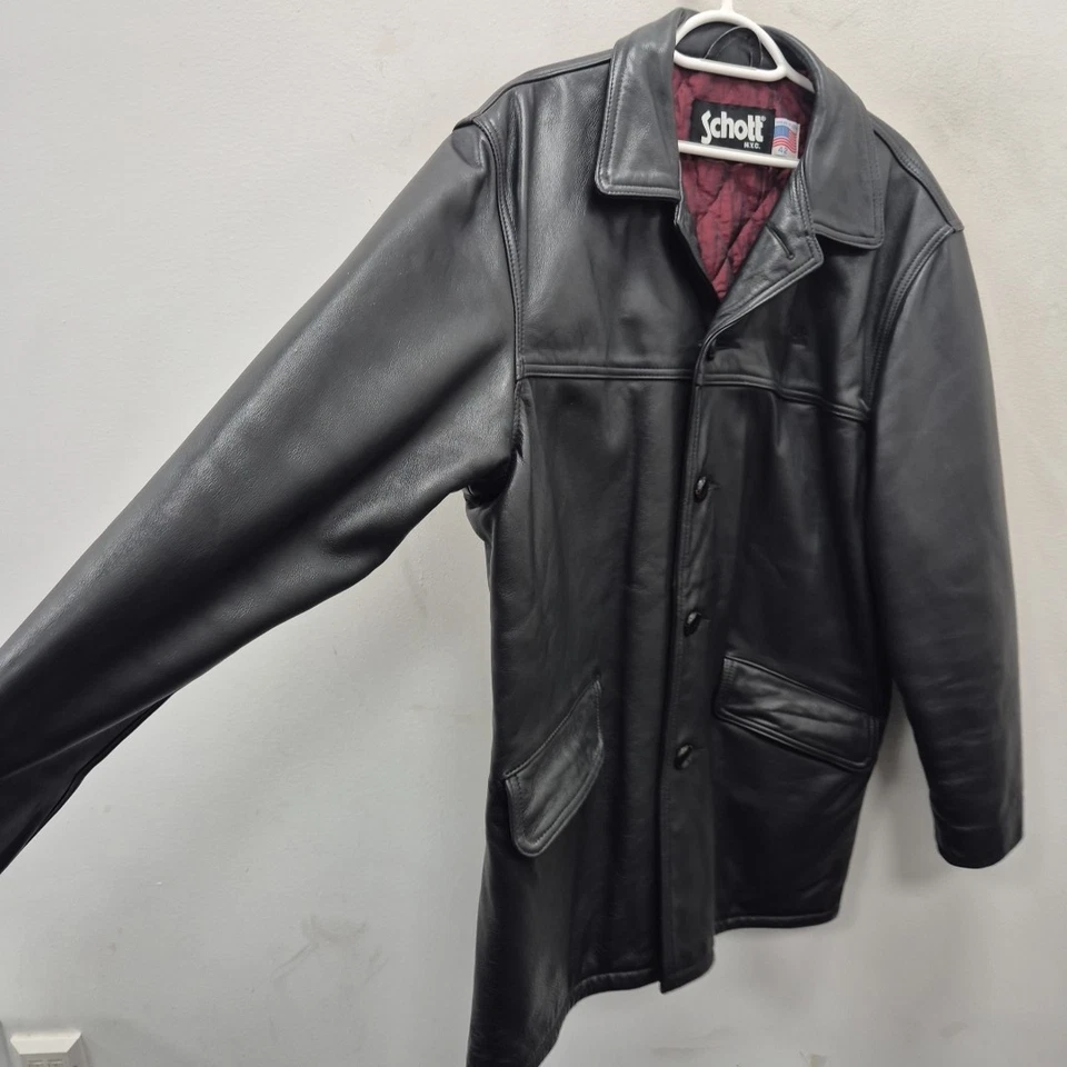 Schott NYC USA Black Leather Motorcycle Heavy Biker Single Breast Coat Size 42 - Image 3 of 4