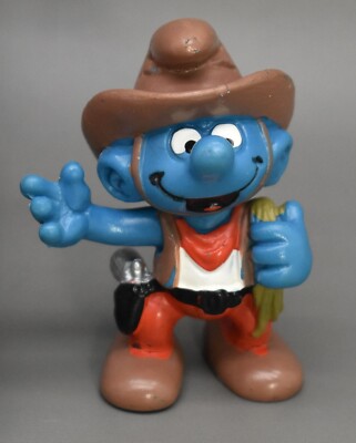 Smurfs Cowboy Smurf With Brown Rope Vintage PVC Figure Peyo