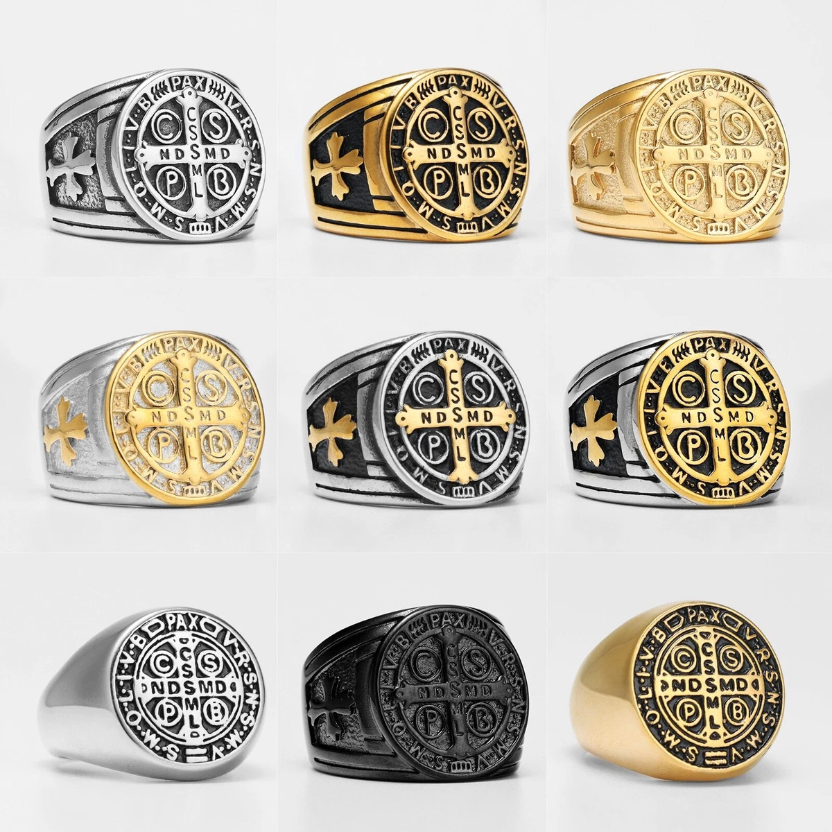 Mens Catholic St Saint Benedict Cross Ring Stainless Steel Exorcism Medal