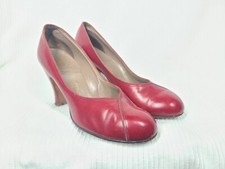 Vtg 50s Red Leather High Heel Shoes 7 Pinup Round Toe Thomas CORT Bettie Rare