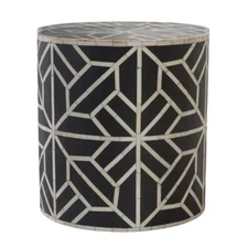 Handmade Bone Inlay Geometric Pattern Round Shaped Stool for Home and Office