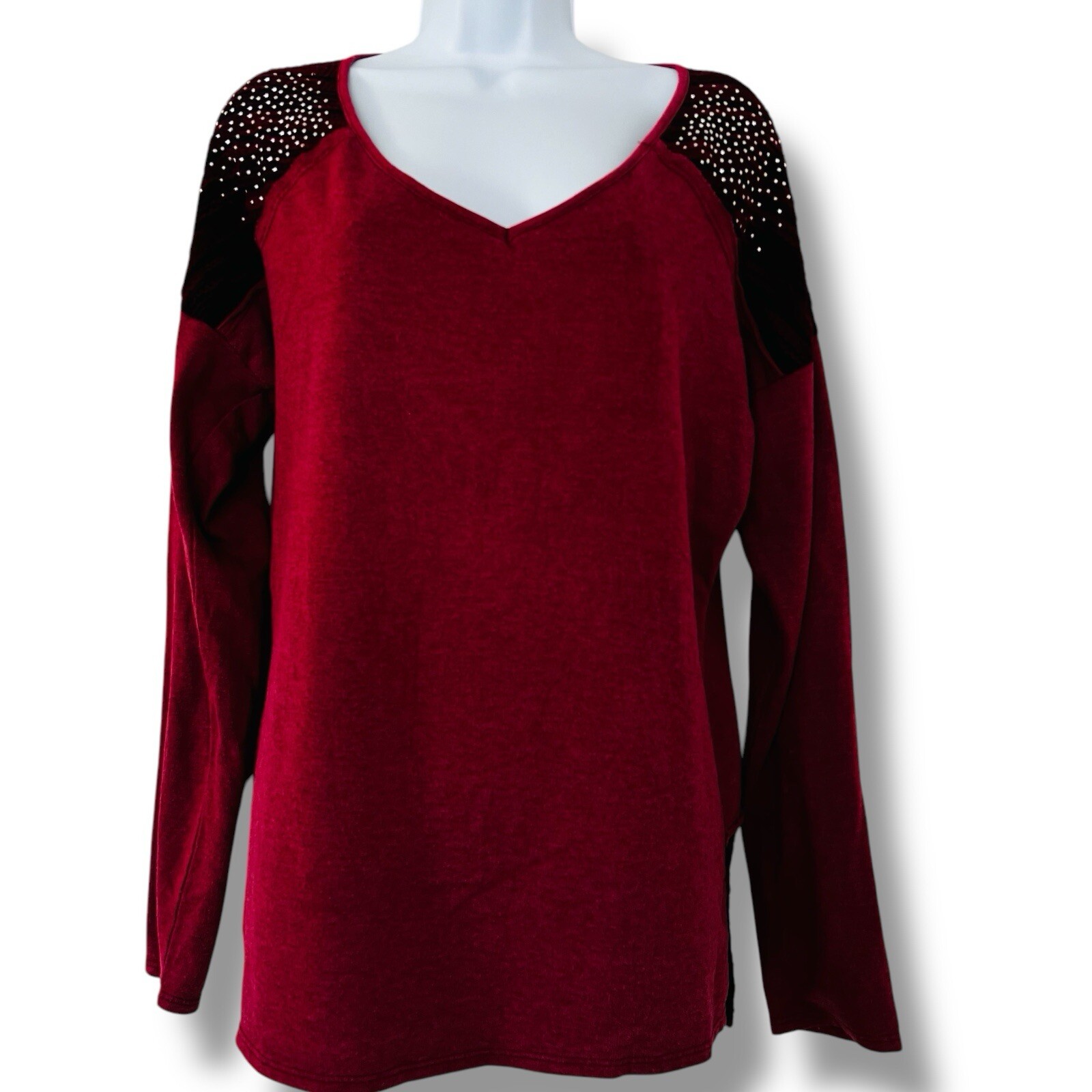 Maurice Burgundy Red Embellished Shoulder Lightweight Tunic Sweater