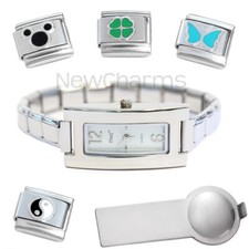 White Rectangle Italian Charm Watch Bracelet Plus Charm Tool Enamel Charms