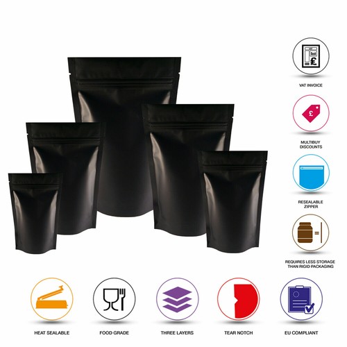 MATT BLACK STAND UP POUCH FOIL COFFEE MYLAR POUCH ZIP LOCK GRIP HEAT SEAL - Picture 49 of 131