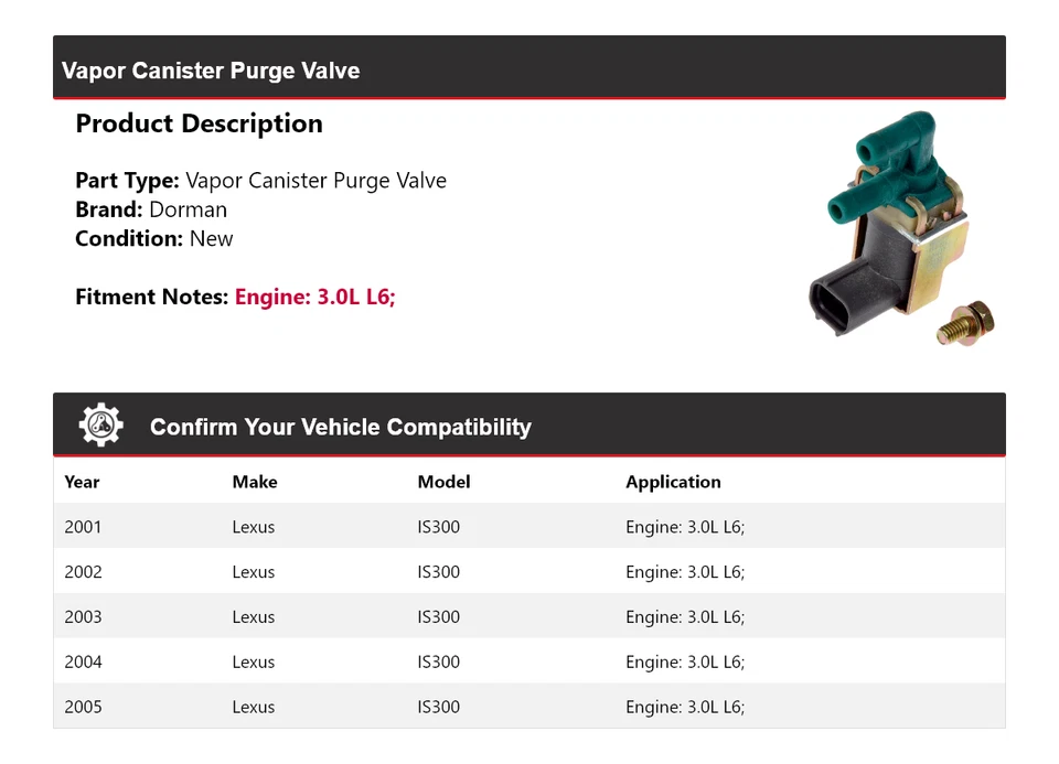 Válvula de purga de bote de vapor Dorman de 3,0 L L6 2001-2005 Lexus IS300 2002 2003 Foto 2 de 4