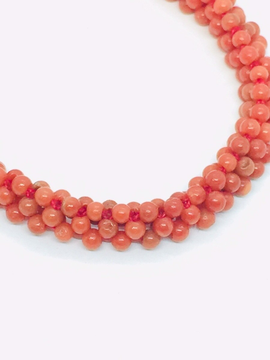Bracelet Vintage Années 60 - Pépites De Corail Rouge, Perles Métal Doré, Liens Tressés, Style Ethnique