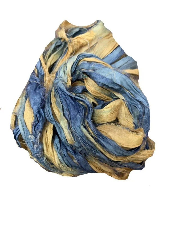 Recycled Sari Silk Ribbon Yarn - Blue and yellow - 50 GMS - Boho Ribbon - Silk - Image 2 of 4